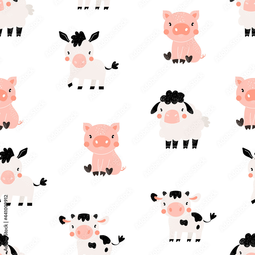 Obraz premium Vector hand-drawn color seamless repeating childish simple pattern with cute pig, donkey, cow, sheep in Scandinavian style on a white background. Trendy scandinavian background. Cute farm animals.
