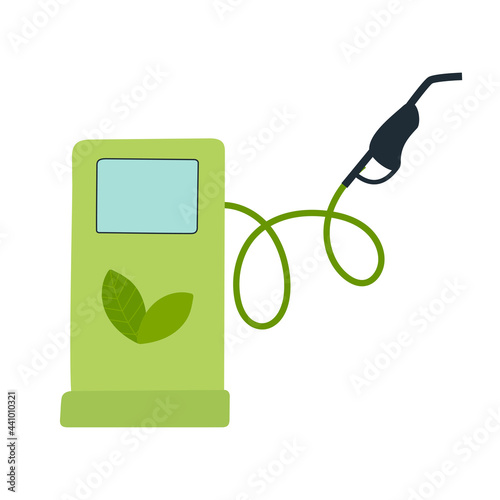 Green eco fuel. Petrol station sign. Green fuel pump with leaf. Environmental protection, ecology, Save the world concept. Hand drawn Vector illustration in flat style isolated on white background.