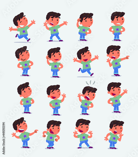 Cartoon character white little boy. Set with different postures  attitudes and poses  doing different activities in isolated vector illustrations