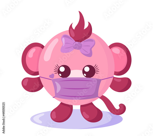 Funny cute kawaii monkey with round body and protective medical face mask in flat design with shadows. Isolated animal vector illustration  © Tatjana