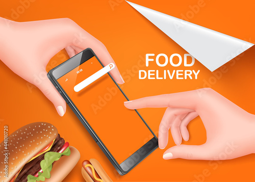้hand holding smartphone and use your finger to order food through the app. And there's a burger and hotdog next to it for food delivery and shopping online concept,vector 3d on orange background