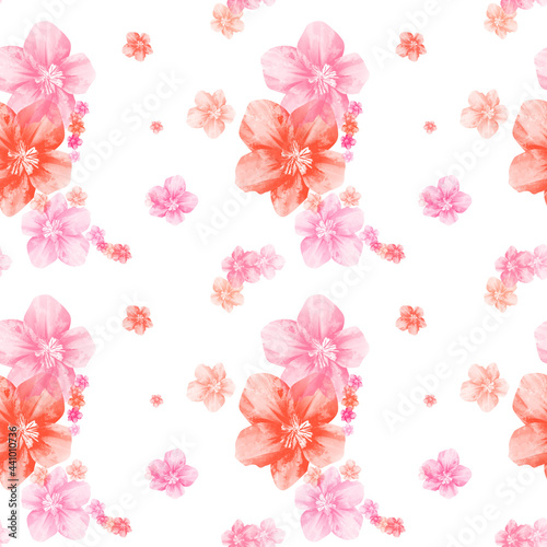 Abstract seamless red toned japanise sakura flower pattern illustration on white background. © breakermaximus