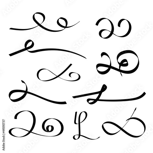Black ink calligraphic hand drawn vector text ornaments, lines, borders and dividers set elements for invitations and cards vintage design
