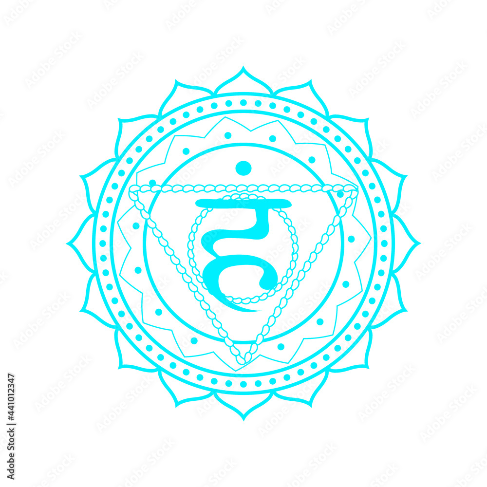 Line drawing.The fifth chakra of Vishudha. Throat chakra with Hindu Sanskrit. Blue is a flat symbol of meditation, yoga. Vector Line drawing.The fifth chakra of Vishudha. Throat chakra with Hindu Sanskrit. Blue is a flat symbol of meditation, yoga. Vector