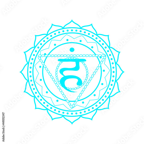 Line drawing.The fifth chakra of Vishudha. Throat chakra with Hindu Sanskrit. Blue is a flat symbol of meditation, yoga. Vector