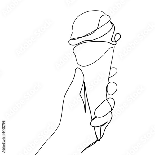 Continuous line, The woman holding the ice cream by hand. Drawing of set Food. (Vector illustration one line drawing)