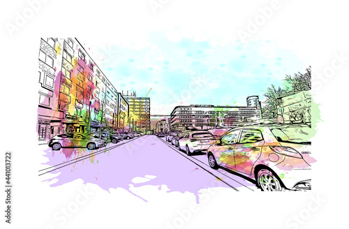 Building view with landmark of Gelsenkirchen is a city in western Germany. Watercolor splash with hand drawn sketch illustration in vector.