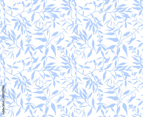 Seamless floral pattern. Tropical background of light blue leaves. Leaf on white a background. Stock vector for printing on surfaces and web design.