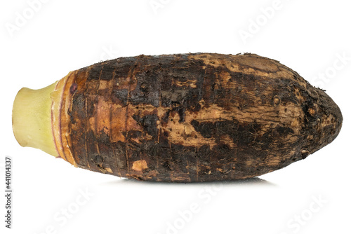 Sweet taro root, Satoimo potatoes or sliced of taro (Yautia Lila) isolated on white background