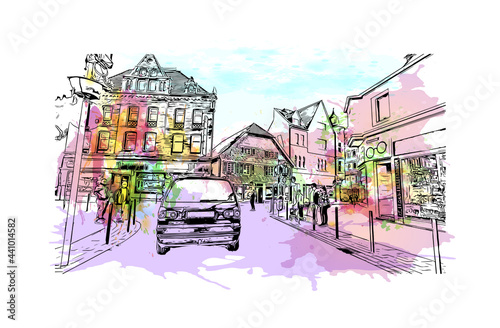 Building view with landmark of Gelsenkirchen is a city in western Germany. Watercolor splash with hand drawn sketch illustration in vector.