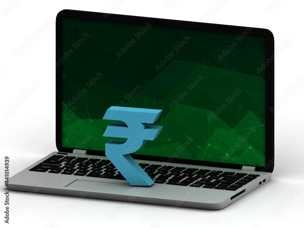 3d illustration of laptop computer and Indian rupees signs, internet business concept 3d illustration of laptop computer and Indian rupees signs, internet business concept