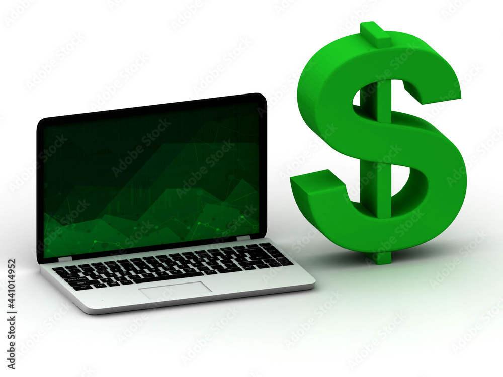 3d illustration of laptop computer and dollar signs, internet business concept 3d illustration of laptop computer and dollar signs, internet business concept