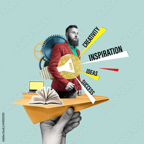 Concept of creativity, inspiration, ideas. Art collage with business ideas. photo