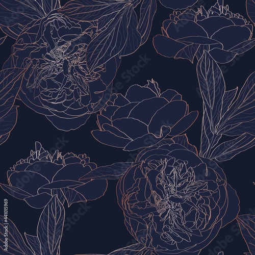 Roses peony. Floral vintage seamless pattern. Gold  flowers, leaves, branches on navy blue background. Illustration art for textiles, paper design.