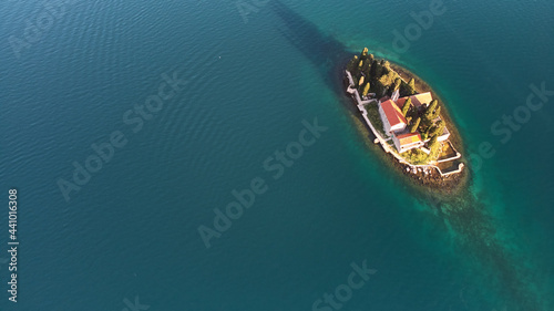 Aerial view of the Church of St. George on the island in Montenegro.