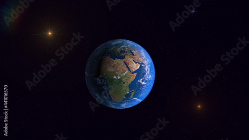 3D photorealistic 4k planet Earth. Space view of twinkle star and living planet
