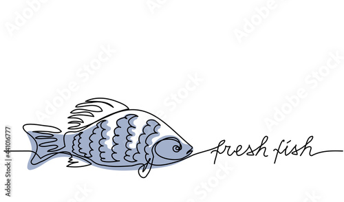 Fresh fish simple vector background, banner, poster. Signboard , store or shop sign design. One continuous line art drawing of fresh fish