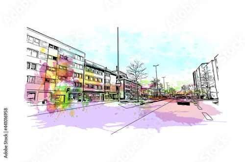Building view with landmark of Gelsenkirchen is a city in western Germany. Watercolor splash with hand drawn sketch illustration in vector.