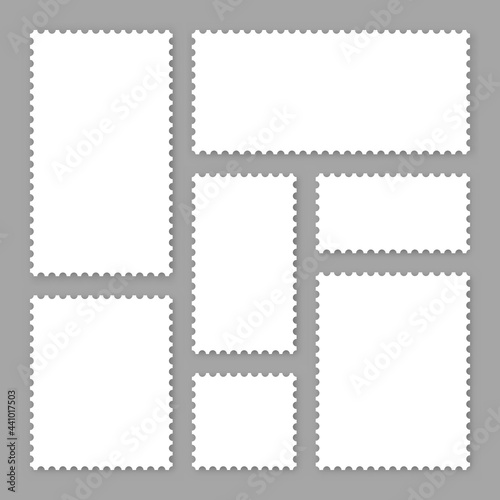 Blank white postage stamps collection. Sticky paper stamp. Vector illustration.