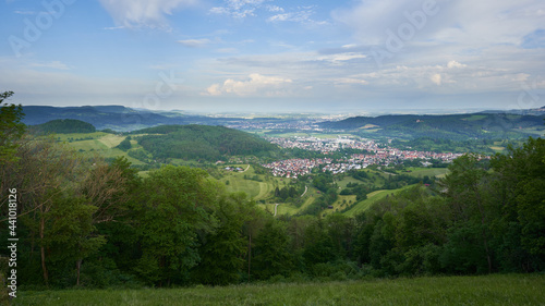 Landscape of a town (Donzdorf) in the valley of the Swabian Alb. Green trees and meadow. Germany, Goppingen.