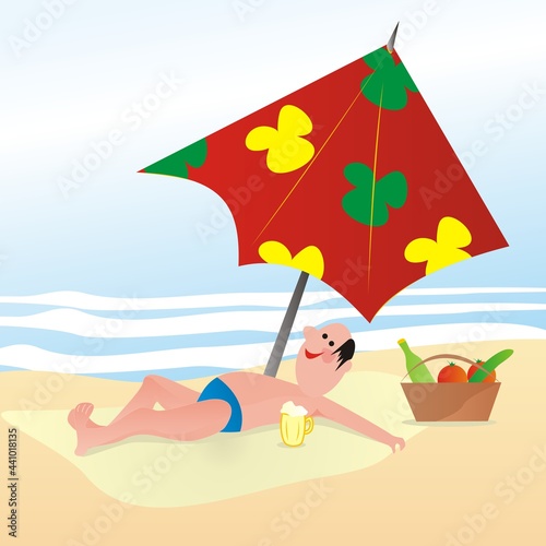 man on the beach under an umbrella, humorous vector illustration
