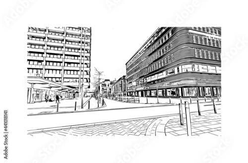 Building view with landmark of Gelsenkirchen is a city in western Germany. Hand drawn sketch illustration in vector.