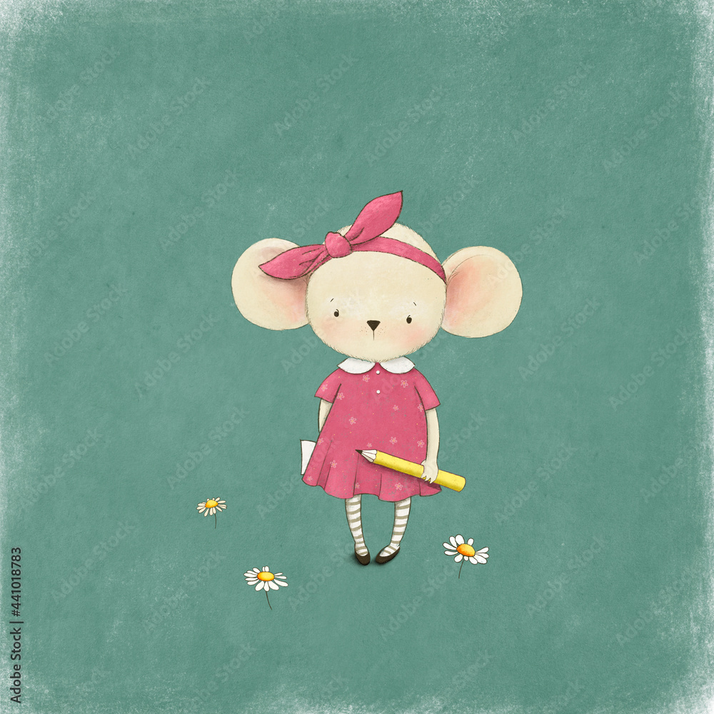 Illustration for a poster or postcard with a little mouse going to school.  - obrazy, fototapety, plakaty 