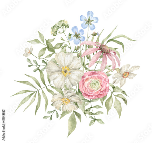 Watercolor bouquet with elegant flowers, branches and leaves isolated on white. Summer wild flower, floral arrangements, meadow flowers