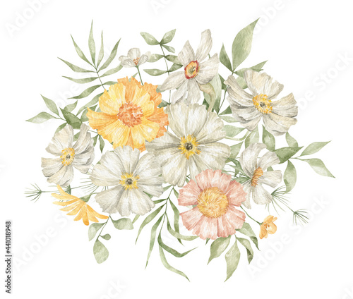 Watercolor bouquet with white and yellow flowers, branches and leaves isolated on white. Summer wild flower, floral arrangements, meadow flowers © Kate K.