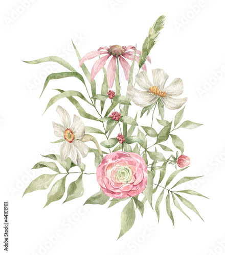 Watercolor bouquet with white and pink meadow flowers, branches and leaves isolated on white. Summer wild flower, floral arrangements © Kate K.