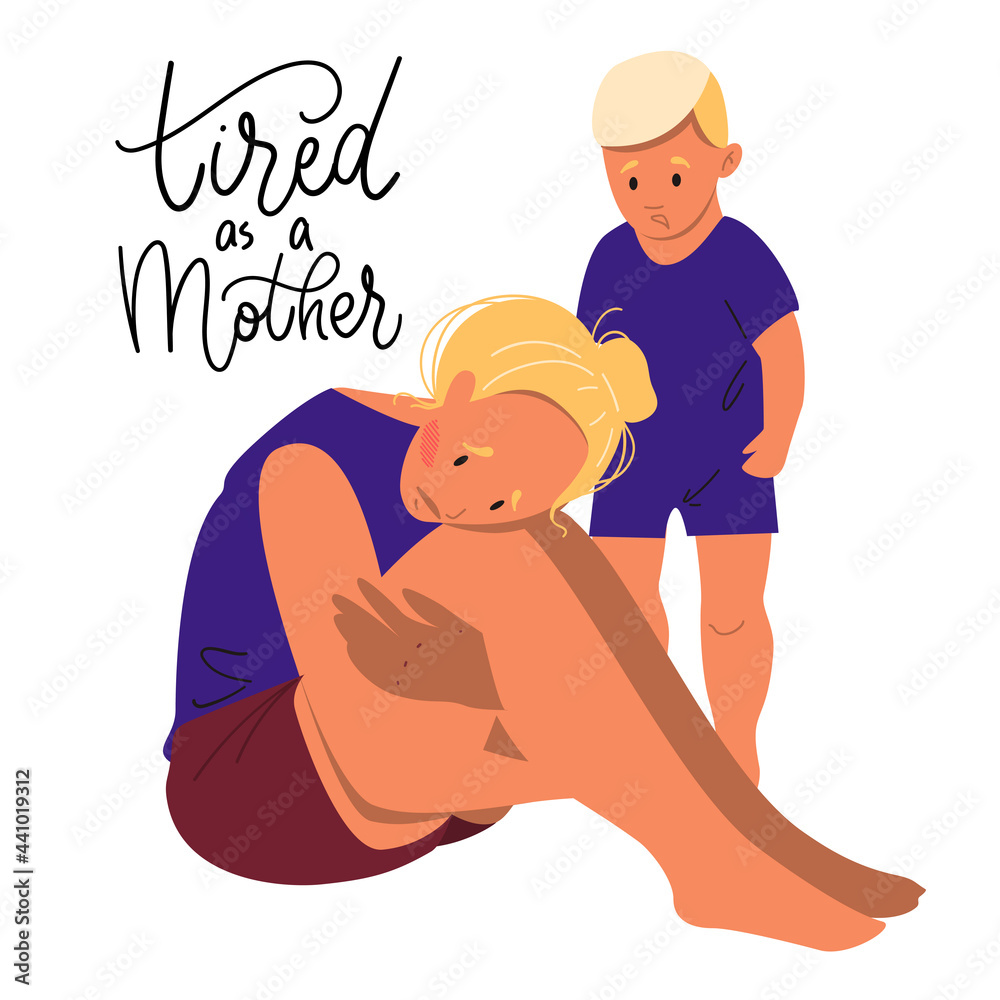 Sad mother sitting on the floor with her crying child. Postpartum depression concept. Colorful vector illustration in flat cartoon style. Sad mother sitting on the floor with her crying child. Postpartum depression concept. Colorful vector illustration in flat cartoon style.
