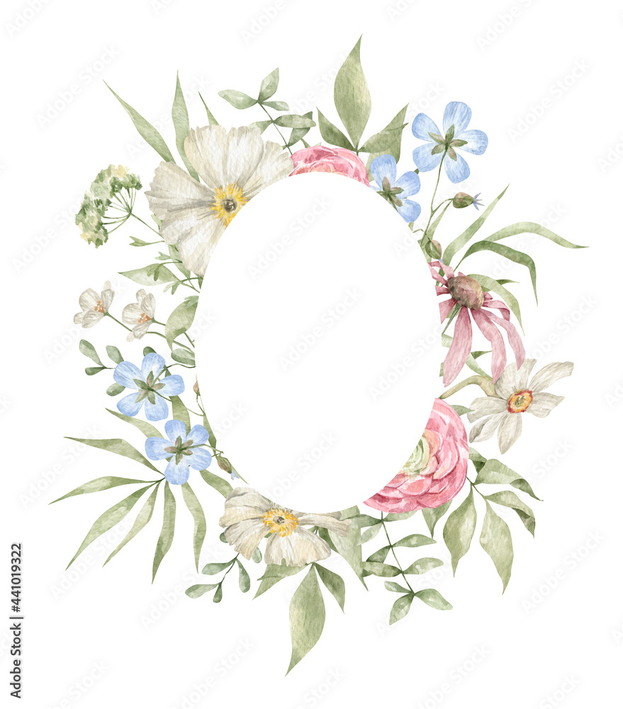 Watercolor frame with elegant bright summer meadow flowers, herbs and wild leaves. Wildflower rustic bouquet. Frame for wedding invitation, cards, covers. Lush foliage