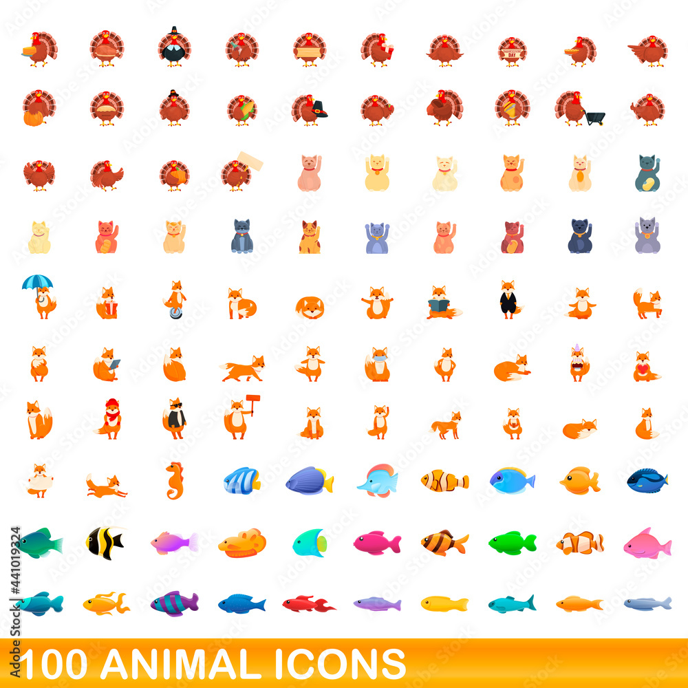 100 animal icons set. Cartoon illustration of 100 animal icons vector set isolated on white background