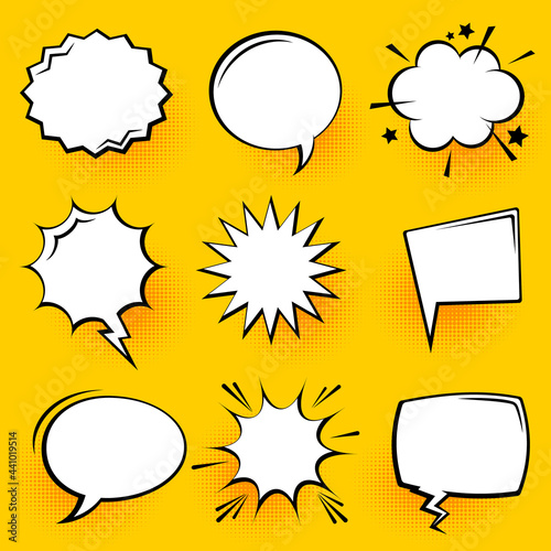 Blank comic speech bubbles with halftone shadows on yellow background. Hand drawn retro cartoon stickers. Pop art style. Vector illustration.