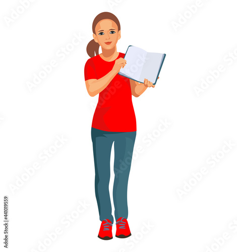 Teenage girl stands with an open book in her hands
