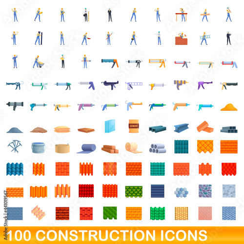 100 construction icons set. Cartoon illustration of 100 construction icons vector set isolated on white background