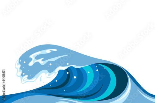 Tsumani wave background in flat cartoon style. Big blue tropical water splash with white foam. Vector illustration