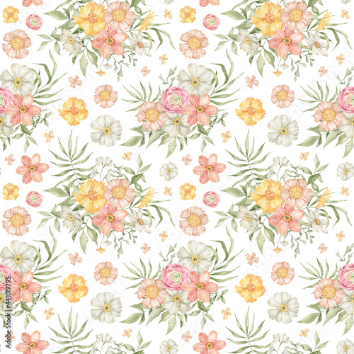Watercolor seamless pattern with wild summer flowers in pink and yellow colors. Meadow wild flower and foliage, leaf, plants. Spring bouquets. Floral background for wallpaper, paper, textile, package