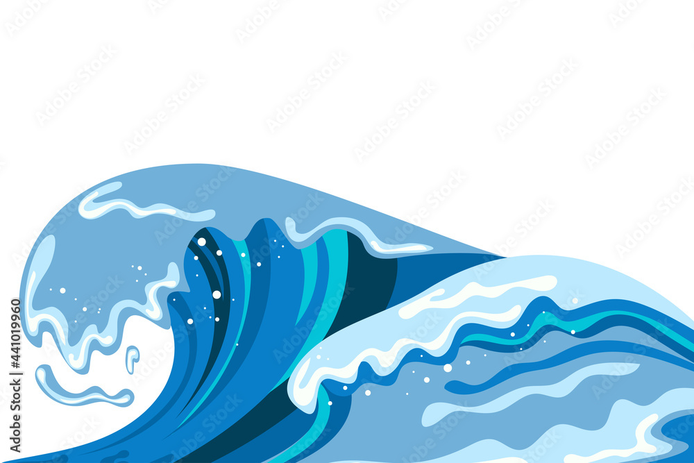 Tsumani wave background in flat cartoon style. Big blue tropical water splash with white foam. Vector illustration