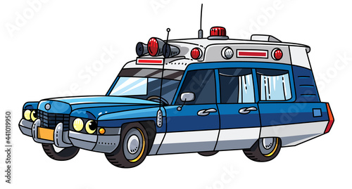 Funny retro ambulance car with eyes vector