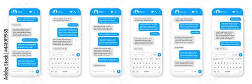 Messaging app design, user interface. SMS text frame. Conversation chat screen with blue message bubbles and placeholder text. Social media application. Vector illustration.