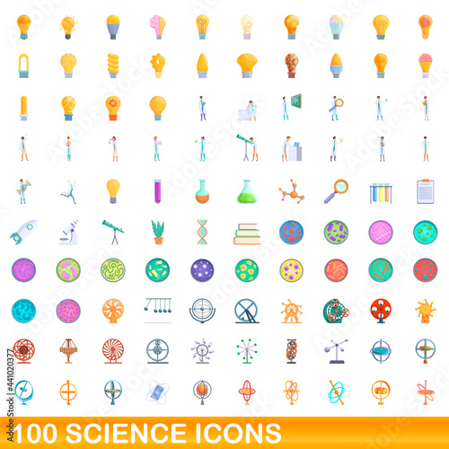 100 science icons set. Cartoon illustration of 100 science icons vector set isolated on white background