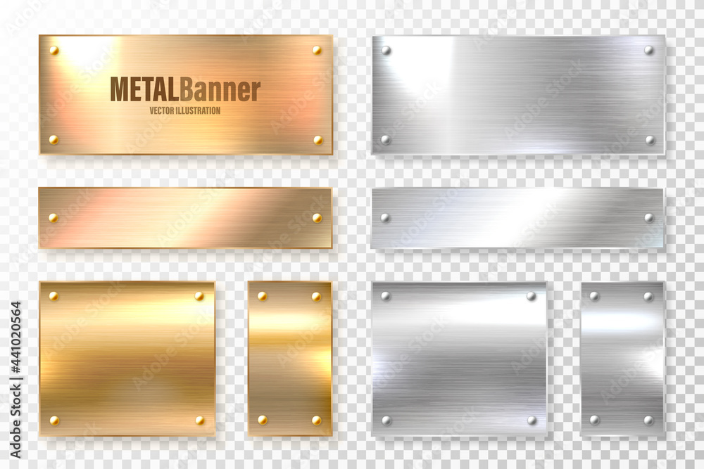 Realistic shiny metal banners set. Brushed steel and copper plate. Polished silver metal surface. Vector illustration. Realistic shiny metal banners set. Brushed steel and copper plate. Polished silver metal surface. Vector illustration.