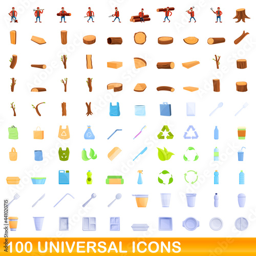 100 universal icons set. Cartoon illustration of 100 universal icons vector set isolated on white background