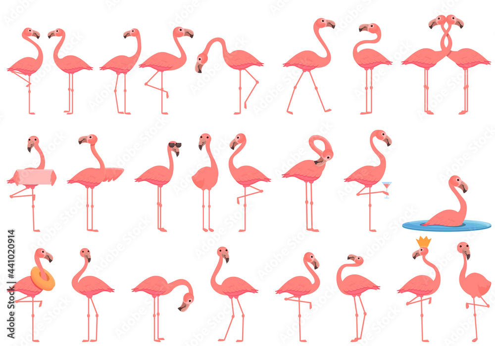 Fototapeta premium Flamingo icons set. Cartoon set of flamingo vector icons for web design