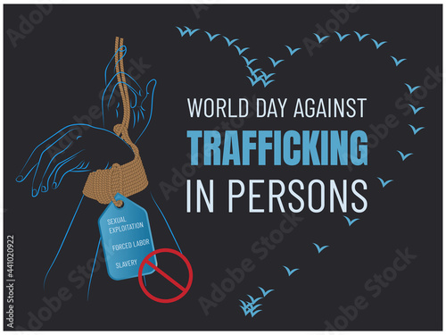 Hands tied with a rope and a blue label with text about human trafficking, birds flying in the middle of a heart symbolizing freedom and rights.