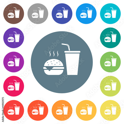 Fast food menu with cheeseburger and drink flat white icons on round color backgrounds