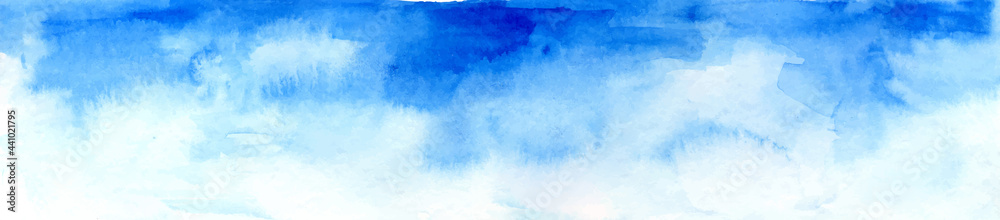 blue watercolor background with a transition from white to blue. Blue watercolor sky, clouds