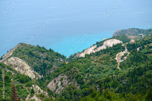 Scenic view at beautiful nature with blue sea and green hills