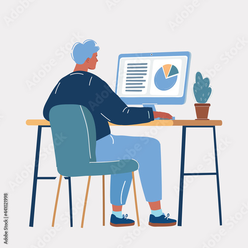 Vector illustration of man sitting at working place. Rear view